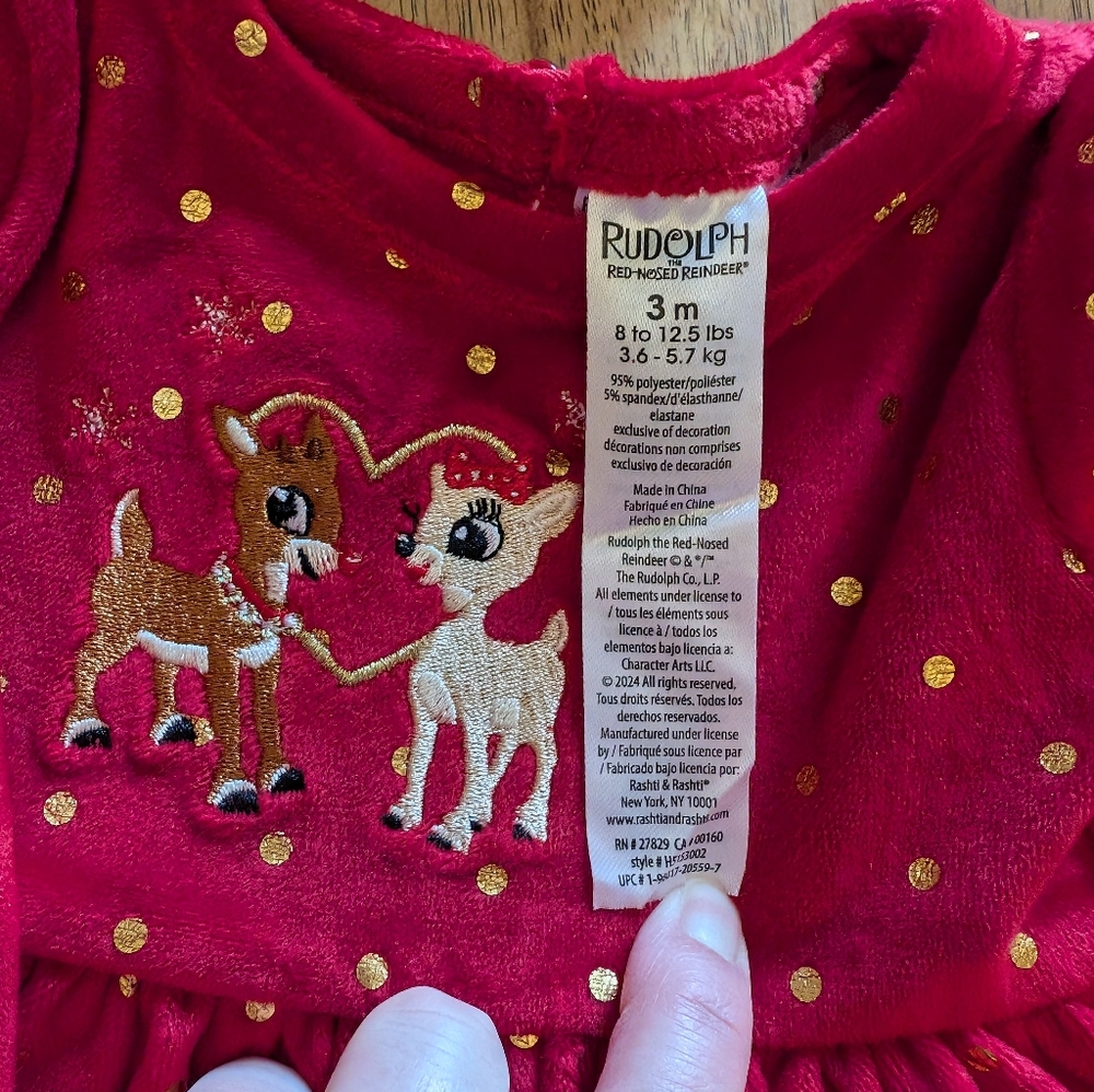 NWT! Baby Girl's Rudolph The Red Nosed Reindeer Soft Velour Christmas Dress Set - Picture 5 of 11
